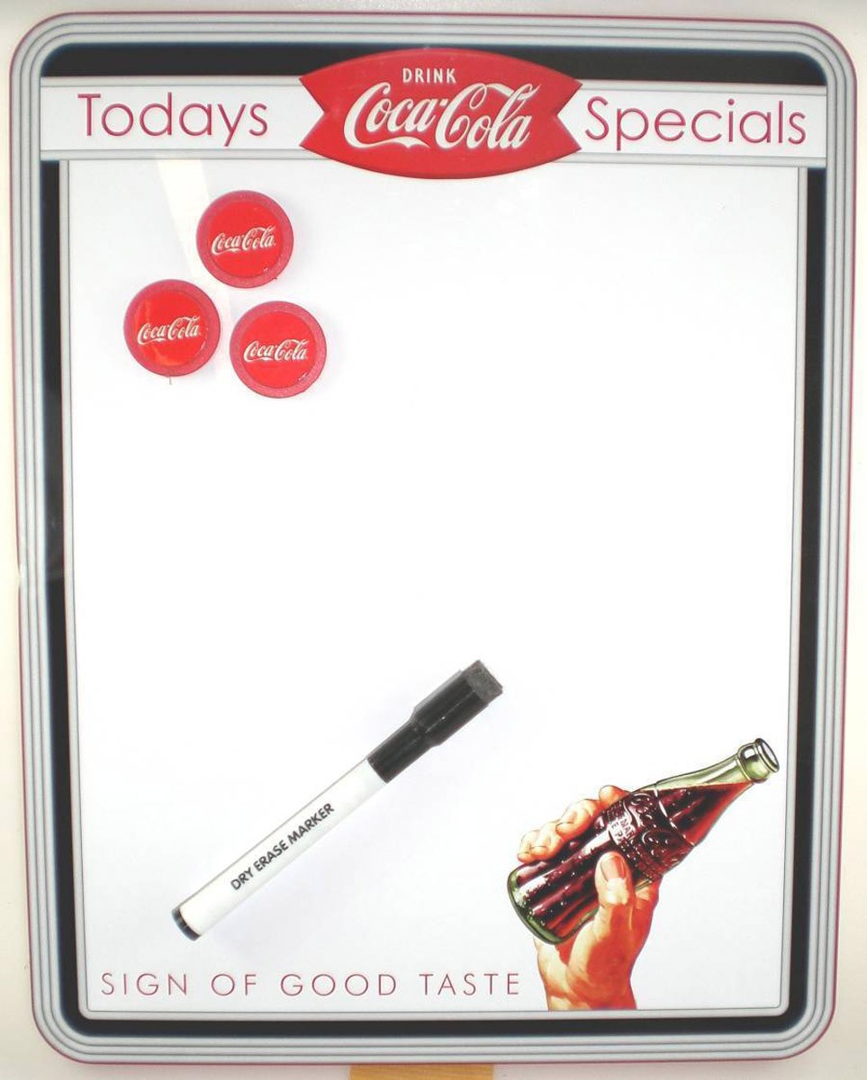 Neben dem praktischen Memoboard im Coca-Cola-Motiv sind ein Stift zum Wegwischen (Dry Erase Marker) und drei rote Magnete mit Schriftzug Coca-Cola enthalten. Ein wunderbares witziges Whiteboard für die Küche, das Büro oder Jugendzimmer. Termine jeglicher 